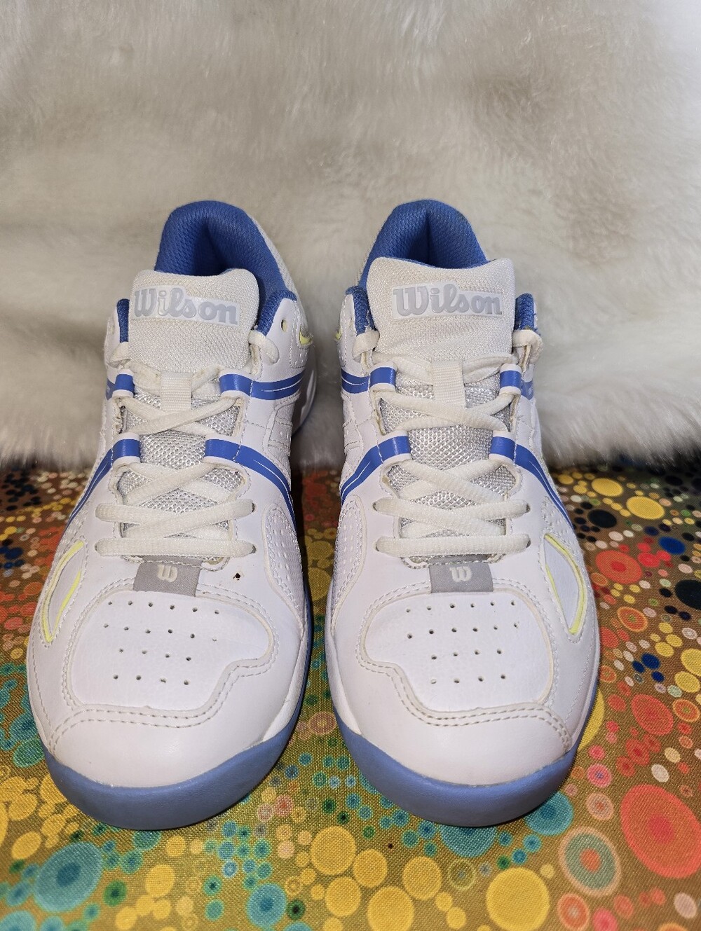 Wilson Rush Pro Women's Tennis Shoe White Sneakers with Blue and Yellow Accents - Picture 3 of 14